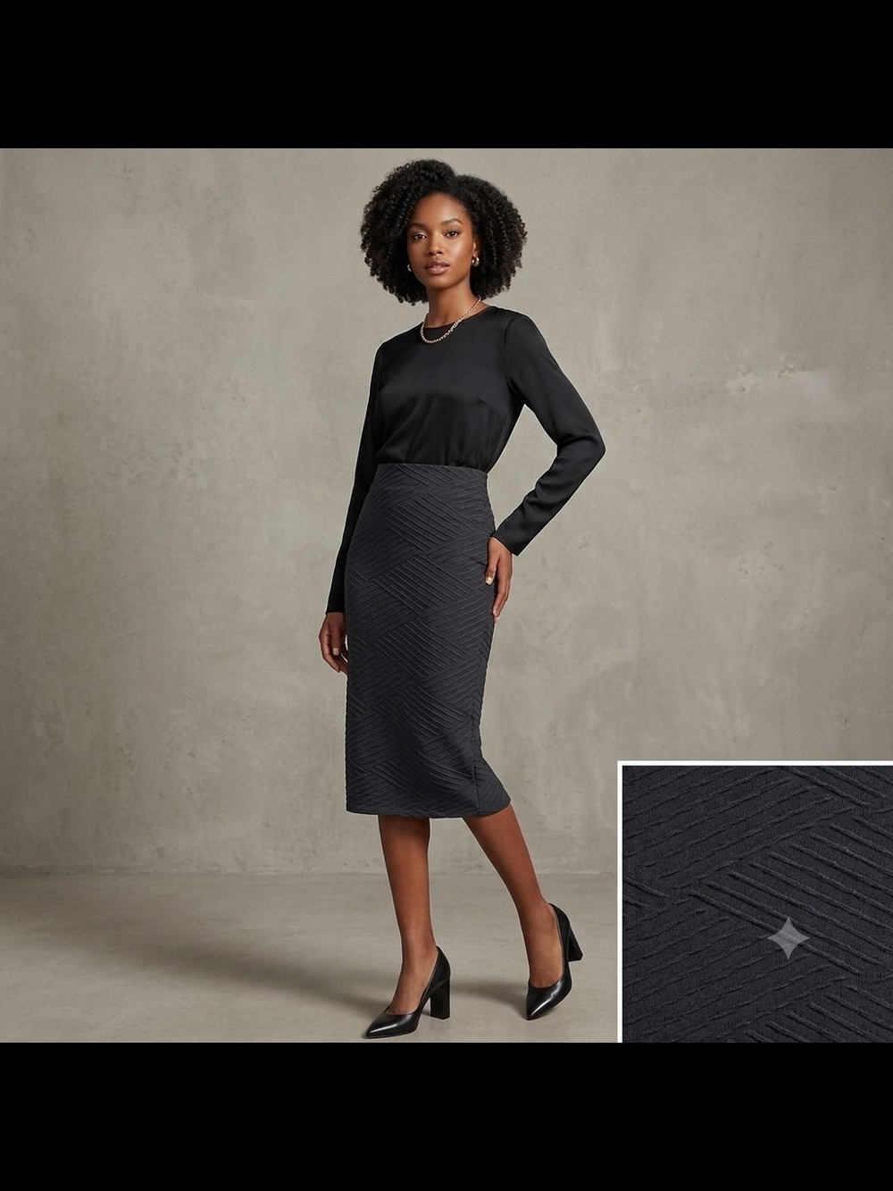 Textured Midi Pencil Skirt in Black